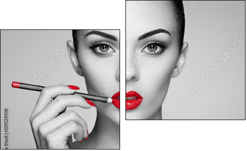 Black and white photo of woman painting lipstick. Beautiful woman face. Makeup detail. Beauty girl with perfect skin. Red lips and nails manicure - Obraz dwuczęściowy, Dyptyk