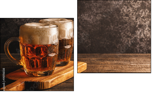 Cold beer in glass with chips on a dark background. - Obraz dwuczęściowy, Dyptyk