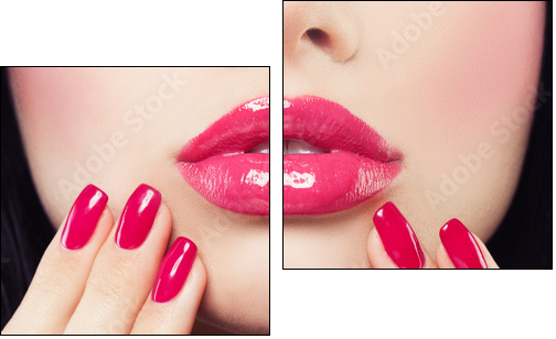 Makeup Lips with Pink Glossy Lipstick and Pink Nails. Shiny Lips and Hand with Manicure - Obraz dwuczęściowy, Dyptyk