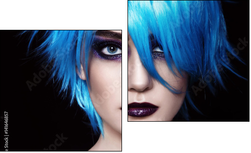 Close-up portrait of yound beautiful woman in blue cosplay wig - Obraz dwuczęściowy, Dyptyk
