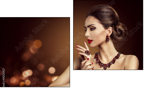 Woman Hair Bun Hairstyle, Fashion Model Beauty Makeup and Red Jewelry, Beautiful Girl Side View - Obraz dwuczęściowy, Dyptyk