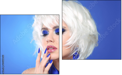 Blue makeup. Blonde bob hairstyle. Blond hair. Fashion Beauty Girl portrait. Sexy lips. Manicured nails and Make-up. Vogue Style Woman isolated on blue background. - Obraz dwuczęściowy, Dyptyk