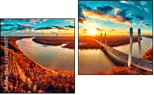 Beautiful panoramic aerial drone view to cable-stayed Siekierkowski Bridge over the Vistula river and Warsaw City skyscrapers, Poland in gold red autumn colors in November evening at sunset - Obraz dwuczęściowy, Dyptyk