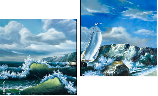 Lonely sailing vessel in the storming sea  - Obraz dwuczęściowy, Dyptyk