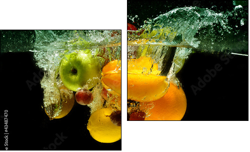 Fruit and vegetables splash into water  - Obraz dwuczęściowy, Dyptyk