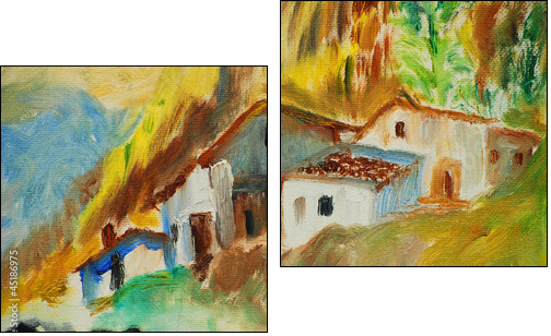old houses in spanish village, illustration, painting  - Obraz dwuczęściowy, Dyptyk