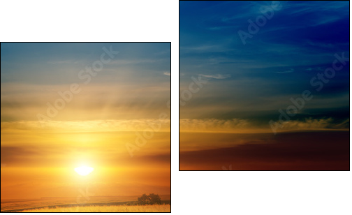 dramatic sunset over green field  - Obraz dwuczęściowy, Dyptyk