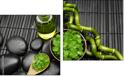 Bamboo grove and salt in spoon bowl with massage oil on mat  - Obraz dwuczęściowy, Dyptyk