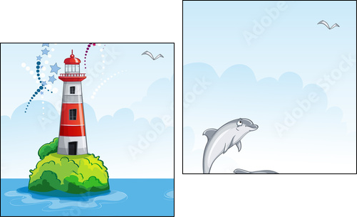 Children's illustration of the lighthouse and the sea dolphins.  - Obraz dwuczęściowy, Dyptyk