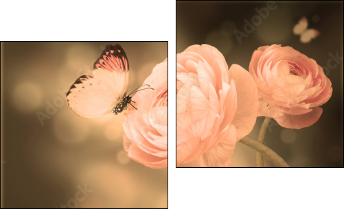 Bouquet of pink roses against a dark background  butterfly  - Obraz dwuczęściowy, Dyptyk