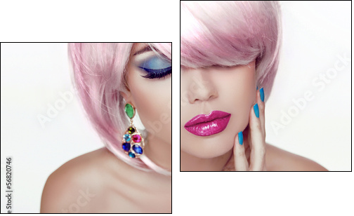 Makeup. Sexy lips. Beauty Girl Portrait with Colorful Makeup, Co  - Obraz dwuczęściowy, Dyptyk