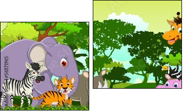 funny animal cartoon with tropical forest background  - Obraz dwuczęściowy, Dyptyk