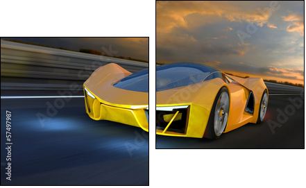 A yellow Future Fantasy Car on a Racing Track  - Obraz dwuczęściowy, Dyptyk