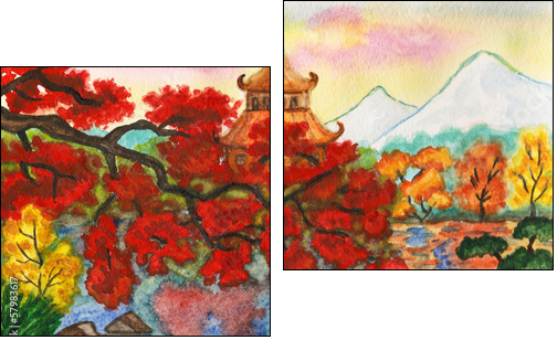 Autumn in Japan, painting  - Obraz dwuczęściowy, Dyptyk