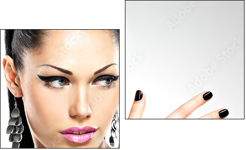 Beautiful fashion sexy woman with black nails at pretty face  - Obraz dwuczęściowy, Dyptyk