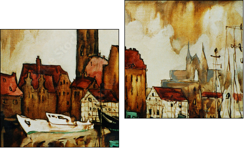 old harbour in the german city wismar, painting by oil on canvas  - Obraz dwuczęściowy, Dyptyk