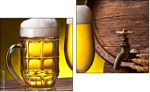Beer glasses, old oak barrel and wheat ears.  - Obraz dwuczęściowy, Dyptyk
