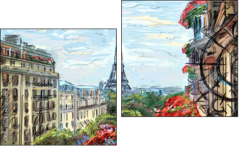 Street in paris - illustration  - Obraz dwuczęściowy, Dyptyk