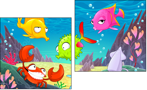 Funny happy animals under the sea.  - Obraz dwuczęściowy, Dyptyk