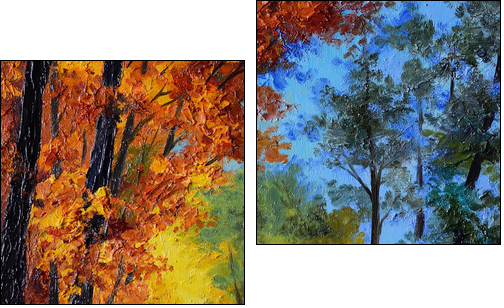 Oil Painting - autumn forest with a river  - Obraz dwuczęściowy, Dyptyk