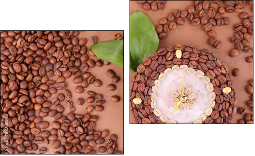 Beautiful clock of coffee beans, on brown background  - Obraz dwuczęściowy, Dyptyk