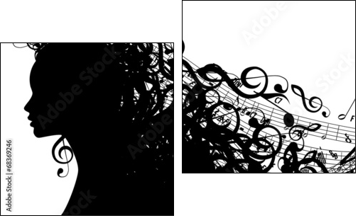 Vector Silhouette of Female Head with Musical Symbols  - Obraz dwuczęściowy, Dyptyk