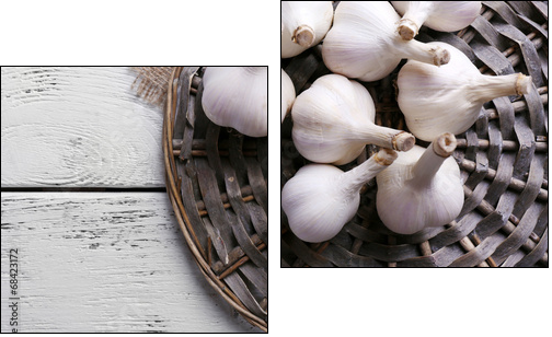 Fresh garlic on wicker mat, on wooden background  - Obraz dwuczęściowy, Dyptyk