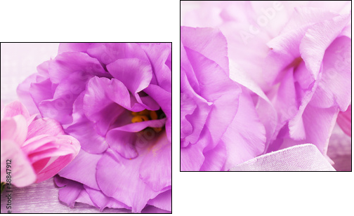 beautiful chrysanthemum and artificial eustoma flowers, close  - Obraz dwuczęściowy, Dyptyk