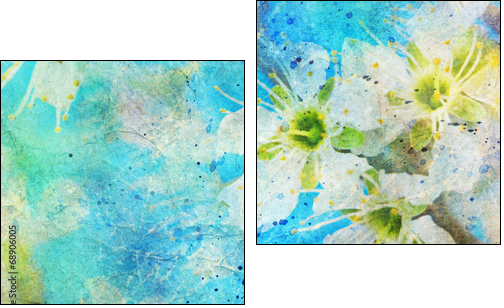 messy watercolor splatter and blooming spring twig  - Obraz dwuczęściowy, Dyptyk
