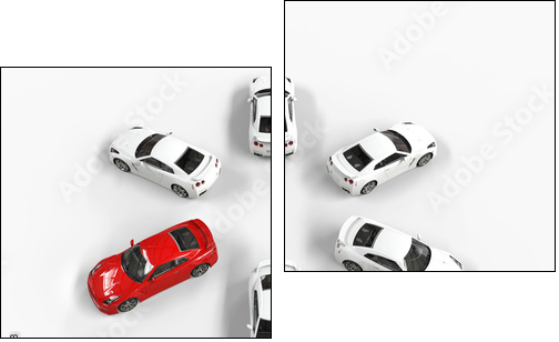 Red car among many white cars - top view  - Obraz dwuczęściowy, Dyptyk