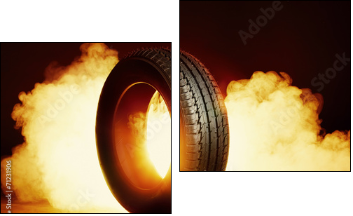 photo of black smoked burning tire  - Obraz dwuczęściowy, Dyptyk