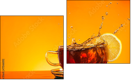 Tea splashing out of glass with orange background  - Obraz dwuczęściowy, Dyptyk