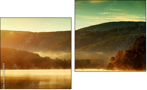 Beautiful autumn landscape, the lake in the morning fog  - Obraz dwuczęściowy, Dyptyk