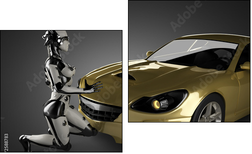 luxury brandless sport car and woman robot  - Obraz dwuczęściowy, Dyptyk
