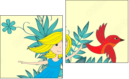Flying little girl and magical red bird  - Obraz dwuczęściowy, Dyptyk