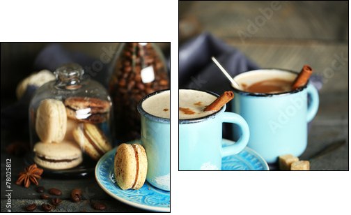Beautiful composition with tasty cappuccino on wooden table  - Obraz dwuczęściowy, Dyptyk
