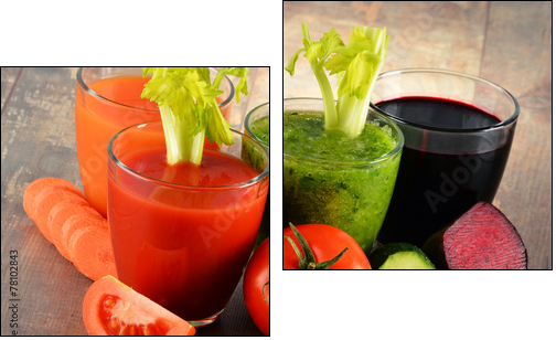 Glasses with fresh organic vegetable juices on wooden table  - Obraz dwuczęściowy, Dyptyk
