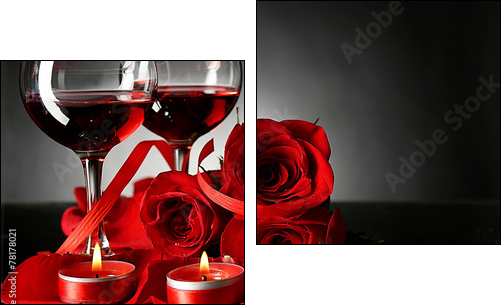 Composition with red wine in glasses, red rose and decorative  - Obraz dwuczęściowy, Dyptyk