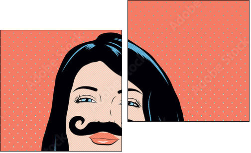 Pop art illustration with girl holding mustache mask. - Obraz dwuczęściowy, Dyptyk