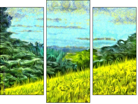 grass filled hillside against a background of trees and a blue sky - Obraz trzyczęściowy, Tryptyk