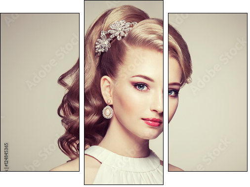 Fashion portrait of young beautiful woman with jewelry and elegant hairstyle. Blonde girl with long wavy hair. Perfect make-up.  Beauty style woman with diamond accessories - Obraz trzyczęściowy, Tryptyk