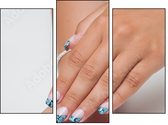 French manicure with zolubym cracelures, cracks on the long square nails  - Obraz trzyczęściowy, Tryptyk