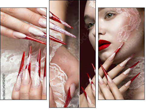 Beautiful girl with lace, red lips and long nails. Beauty face. Photos shot in studio. collage of photos - Obraz trzyczęściowy, Tryptyk