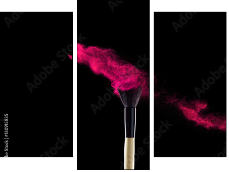 Make-up brush with powder explosion on black background - Obraz trzyczęściowy, Tryptyk