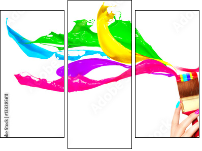 Dyed hair humor concept. Beauty model woman painting her hair in colourful bright colors - Obraz trzyczęściowy, Tryptyk