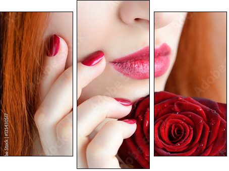 Portrait with red rose flower. Dark red lips and nails. Beautiful red-haired young woman. - Obraz trzyczęściowy, Tryptyk