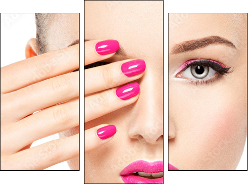 eautiful woman face with pink makeup of eyes and nails. - Obraz trzyczęściowy, Tryptyk