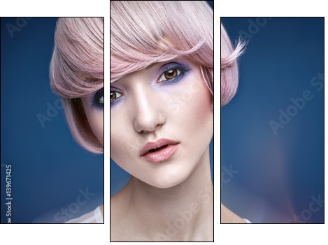 Closeup portrait of a girl with a pink haircut - Obraz trzyczęściowy, Tryptyk