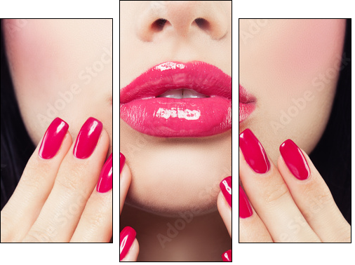 Makeup Lips with Pink Glossy Lipstick and Pink Nails. Shiny Lips and Hand with Manicure - Obraz trzyczęściowy, Tryptyk