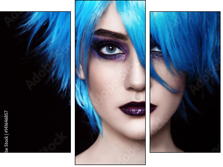Close-up portrait of yound beautiful woman in blue cosplay wig - Obraz trzyczęściowy, Tryptyk